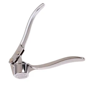 Stainless steel manual garlic press detail shot, durable kitchen tool with ergonomic handles.