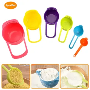 Colorful 6pcs measuring cups and spoons set for kitchen baking and cooking use, plastic.