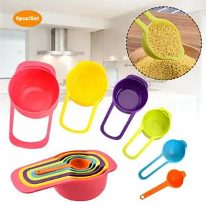6-piece colorful plastic measuring cups and spoons set for kitchen baking and cooking use.