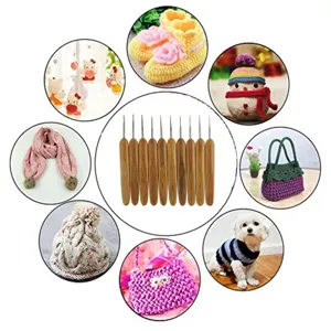 Crochet hooks detail view showing handle sizes and various handmade wool craft items made.