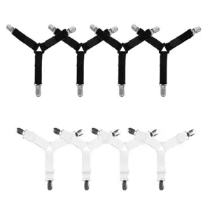 Adjustable triangle bed sheet fasteners clips holder, elastic straps, black and white set.