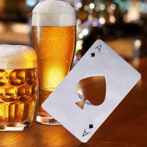 Stainless steel ace of spades playing card bottle opener detail view, bar scene presentation.