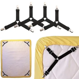 4pcs adjustable triangular bed sheet fastener clips, elastic mattress grippers, holder straps.