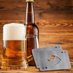 Ace of Spades credit card bottle opener, stainless steel poker shape bar tool detail view.