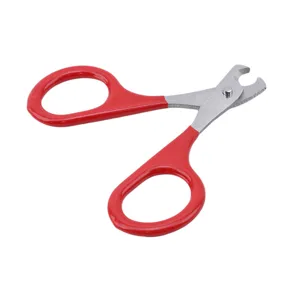 Stainless steel pet nail clipper blade detail with ergonomic red handle for cats and small dogs.