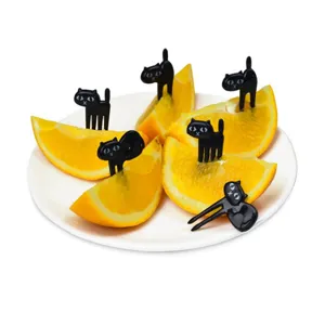 Creative black cat fruit forks set of 6 cute bento decorative food picks for kids snacks.