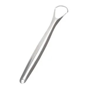 Stainless steel tongue scraper detail view, showing the durable metal scraping head.