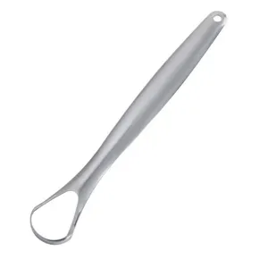 Stainless steel tongue scraper detail view, oral hygiene cleaner tool close up showing metal design.
