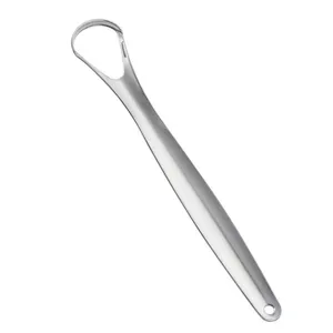 Stainless steel tongue scraper detail view, clean oral care tool for fresh breath daily.