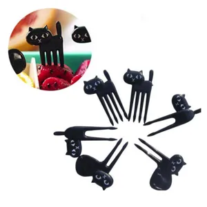 Cute black cat fruit forks set, mini bento picks for kids food decoration, 6pcs pack.