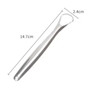 Stainless steel tongue scraper detail view, curved scraping head and hanging hole design.
