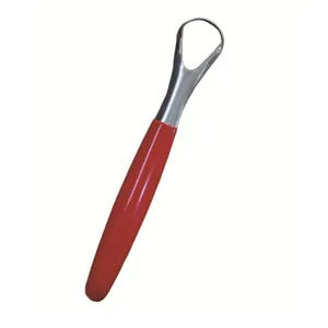 Stainless steel tongue scraper with red handle for oral care and fresh breath daily use clean.