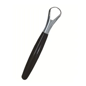 Stainless steel tongue scraper detail showing the polished metal loop and handle.