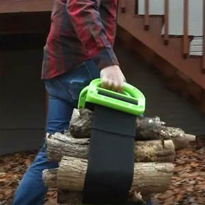 Resistente cinghia per trasporto legna da ardere con impugnatura verde ergonomica.