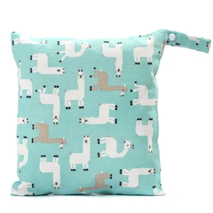 Cute llama print baby diaper wet bag, portable waterproof storage pouch with snap handle.