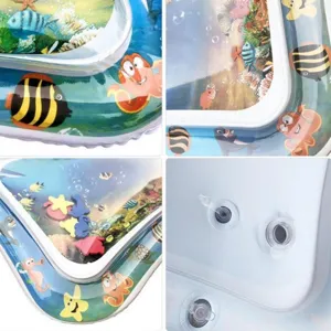 Detailed view of inflatable baby water play mat featuring cute floating ocean animals.