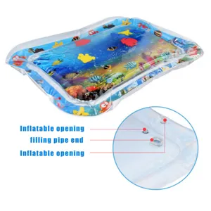 Close-up detail showing the inflatable opening and filling pipe end of the baby water mat.