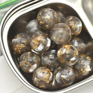 Perles de résine nacrées feuille d'or 16mm, perles rondes grises translucides pour loisirs créatifs.