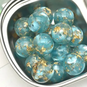 16mm perles en résine bleue avec flocons de feuille d'or, perles rondes en vrac pour bijoux DIY