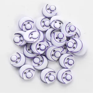 White resin buttons with purple crescent moon pattern, 2-hole DIY sewing craft accessories.