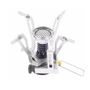 Portable camping stove head detail view, featuring foldable support legs and electronic ignition.