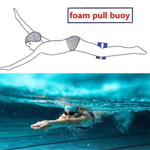 Detailed illustration and underwater view showing foam pull buoy usage for swim training.