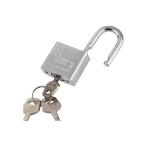 Silver metal padlock detail shot, 30mm size with open shackle and keys included clearly.