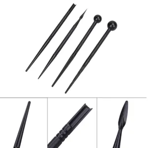 Detailed view of 4-piece black clay sculpting tools set, perfect for pottery and craft shaping.