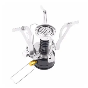 Portable camping stove head, mini integrated gas burner with folding brackets for outdoor hiking.