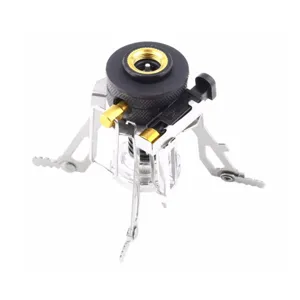 Portable camping stove head detail, stainless steel folding bracket for outdoor cooking gear.
