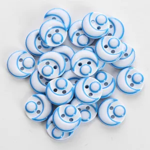 Blue and white resin buttons, two-hole cute moon design for kids shirts and DIY clothing.