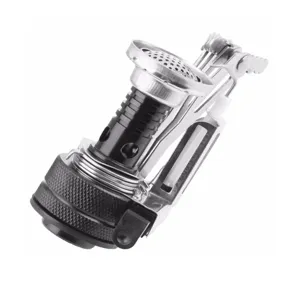 Portable camping stove detail view, compact folding design with electronic ignition.