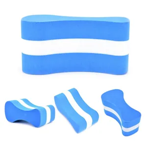 Detailed view of blue and white EVA swim pull buoy, showing multiple angles and foam texture.