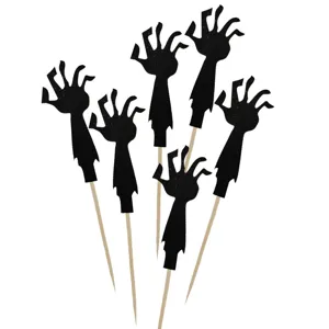 Black glitter zombie hand cake toppers detail view, perfect for Halloween dessert party decor.