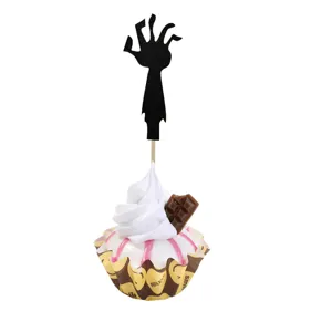 Halloween paper zombie arm cupcake topper set for scary party dessert table decor and events.