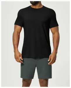 Men's solid black short sleeve t-shirt casual comfortable breathable outdoor sports top