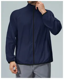 Detail view of men's lightweight dark blue stand collar quick-dry jacket with black zipper.