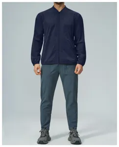 Men's casual zip-up jacket in dark blue, featuring a stand collar for daily commute and sports.