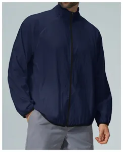 Closeup detail of men's lightweight sun-protection zip-up jacket in dark blue color.