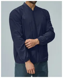 Men's dark blue zip-up athletic casual jacket detail view, great for daily commute.