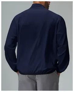 Detailed back view of lightweight quick-dry men's outdoor sport jacket in dark blue color.