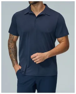 Men's short sleeve polo shirt detail showing collar fabric texture and dark blue design.