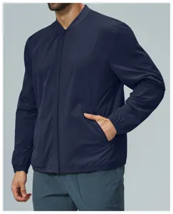 Men's navy blue zip-up jacket detail, stand-up collar, elastic cuffs, casual outerwear view.