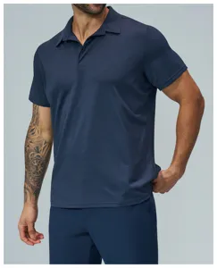 Close-up view of men's blue short sleeve polo shirt, breathable fabric and collar detail.