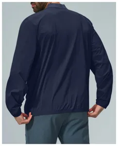 Men's blue zip-up jacket detail view, comfortable daily casual outerwear back design.