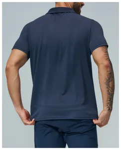 Detailed back view of a dark blue quick-dry short sleeve polo shirt for men's fitness.