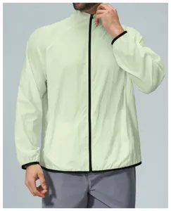 Close-up detail of lightweight men's outdoor sun protection jacket with contrast zipper.