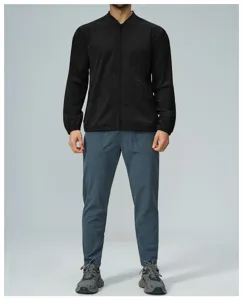 Detail view of mens autumn sports casual zip jacket, stand collar daily commute outerwear.