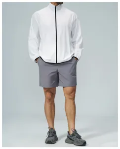 Detailed view of the lightweight stand-up collar sports outdoor hiking jacket in white.