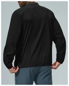 Back view detail of mens black lightweight casual stand collar zip jacket for daily wear.